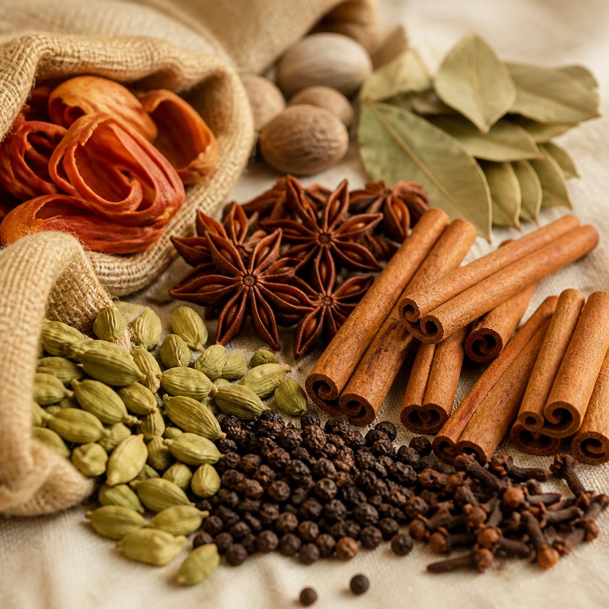Assortment of whole spices including green cardamom, black pepper, cinnamon, cloves, star anise, bay leaves, nutmeg and mace